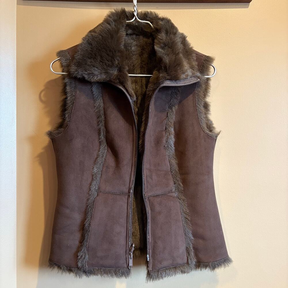 Nine West Fur Womens Size Small Vest Pockets Reversable Full Zip - Picture 4 of 6